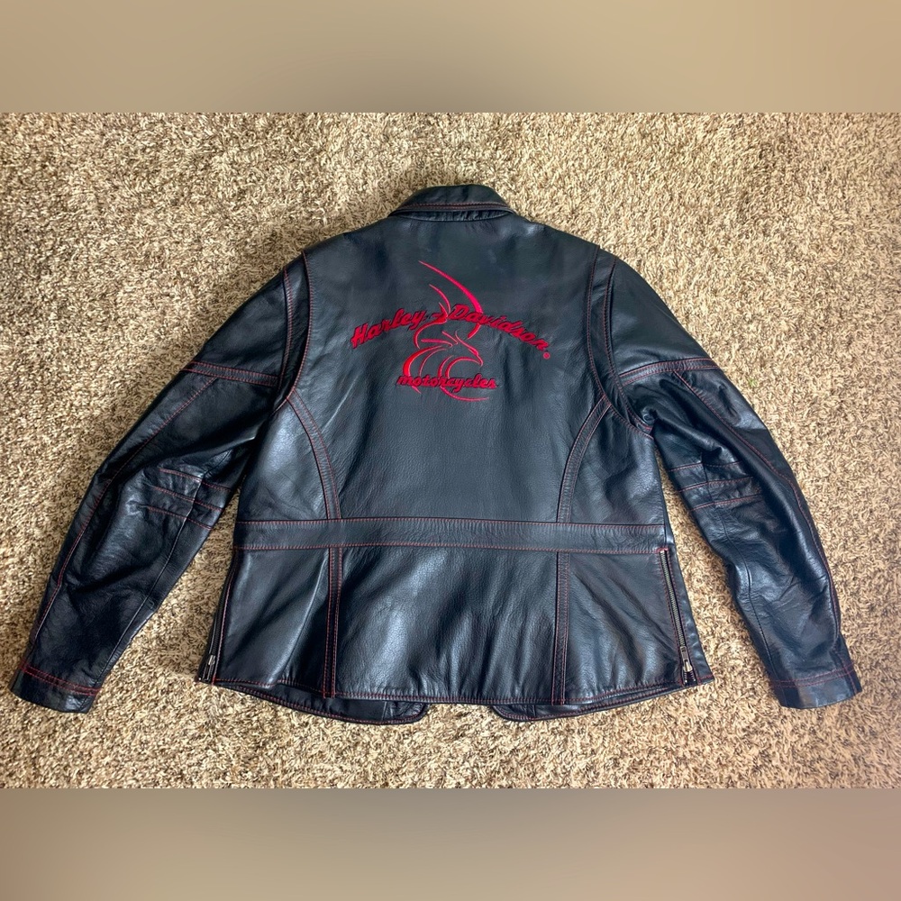 Harley-Davidson Black Leather Jacket with Red Stitching & Embroidery